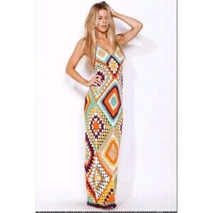 NWT INDAH Syra Crochet Maxi Dress ML Gold Mix Boho Festival Knit Granny Square